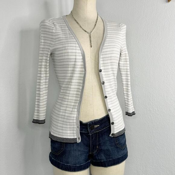 Gray and White Striped Button V-Neck Cardigan - Picture 6 of 9